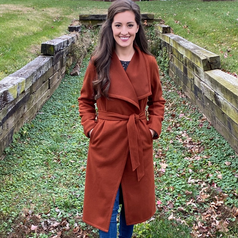 Boutique drape neck trench coat with waist tie